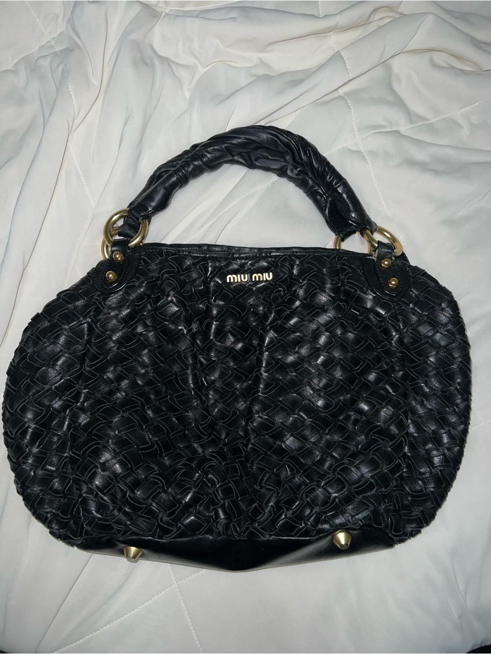 Miu Miu Black Braided Leather Shoulder Bag with Gold Hardware